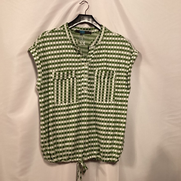 Eva Franco Anthropologie Drawstring hem Gingham Light Green Top Knit Blouse - Picture 5 of 8